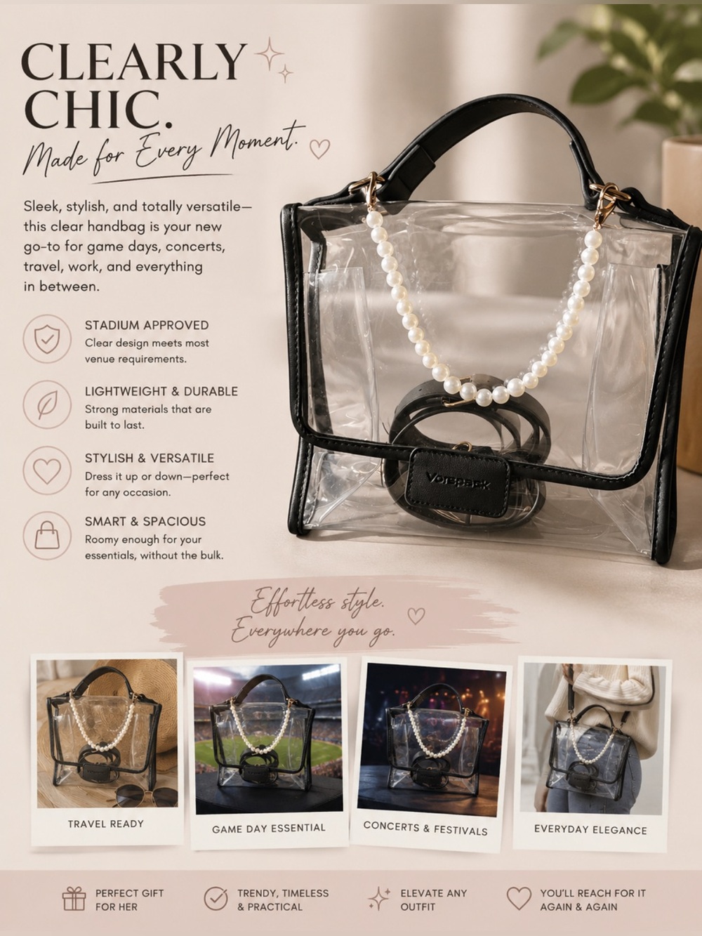 Vorspack clear PVC purse with black trim and a pearl chain handle